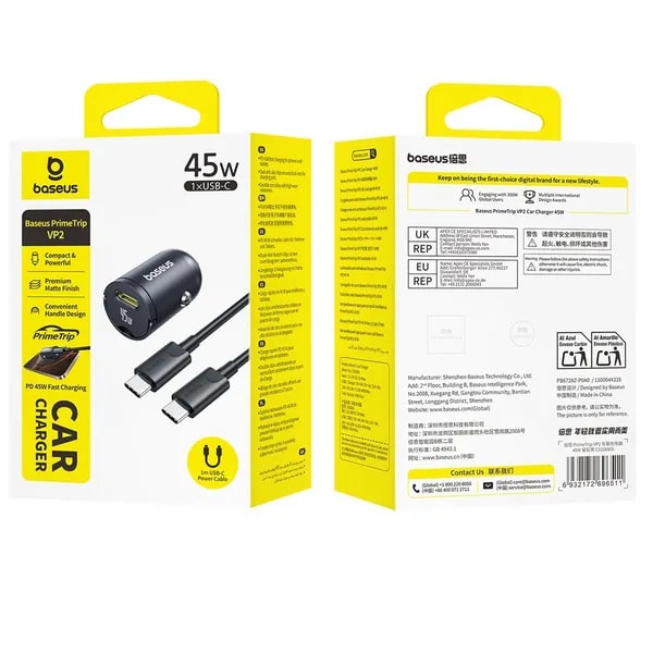 BASEUS 12V 45W USB-C + кабел Type-C - Type-C, PrimeTrip VP2, /черен/ - C0206800