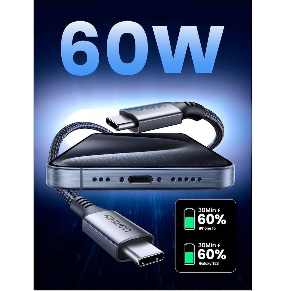 UGREEN Кабел Type-C - Type-C, 1м, 60W, черен - US567 / 15373