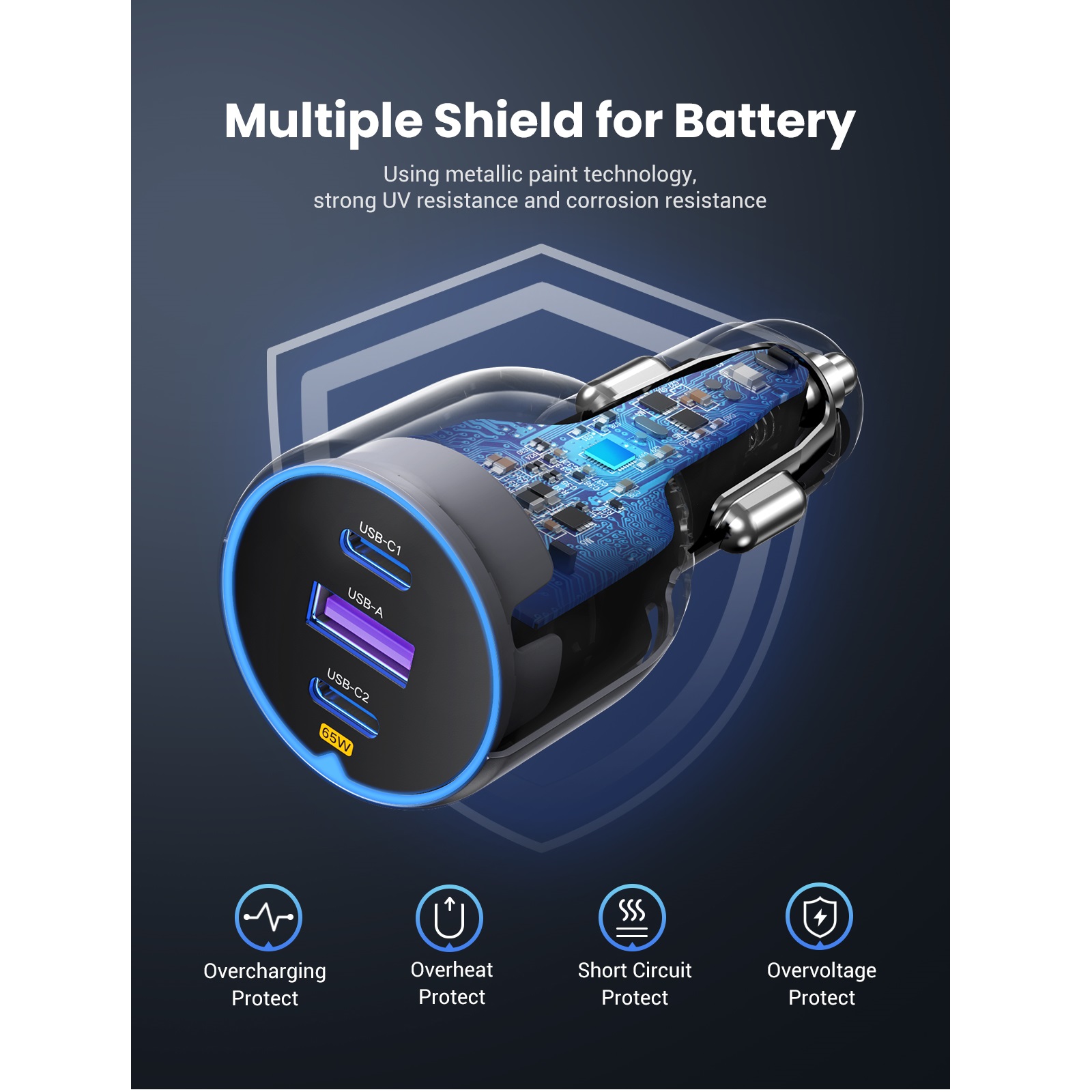 UGREEN 12V 75W, USB-A + 2xUSB-C, графит - EC703 / 35024
