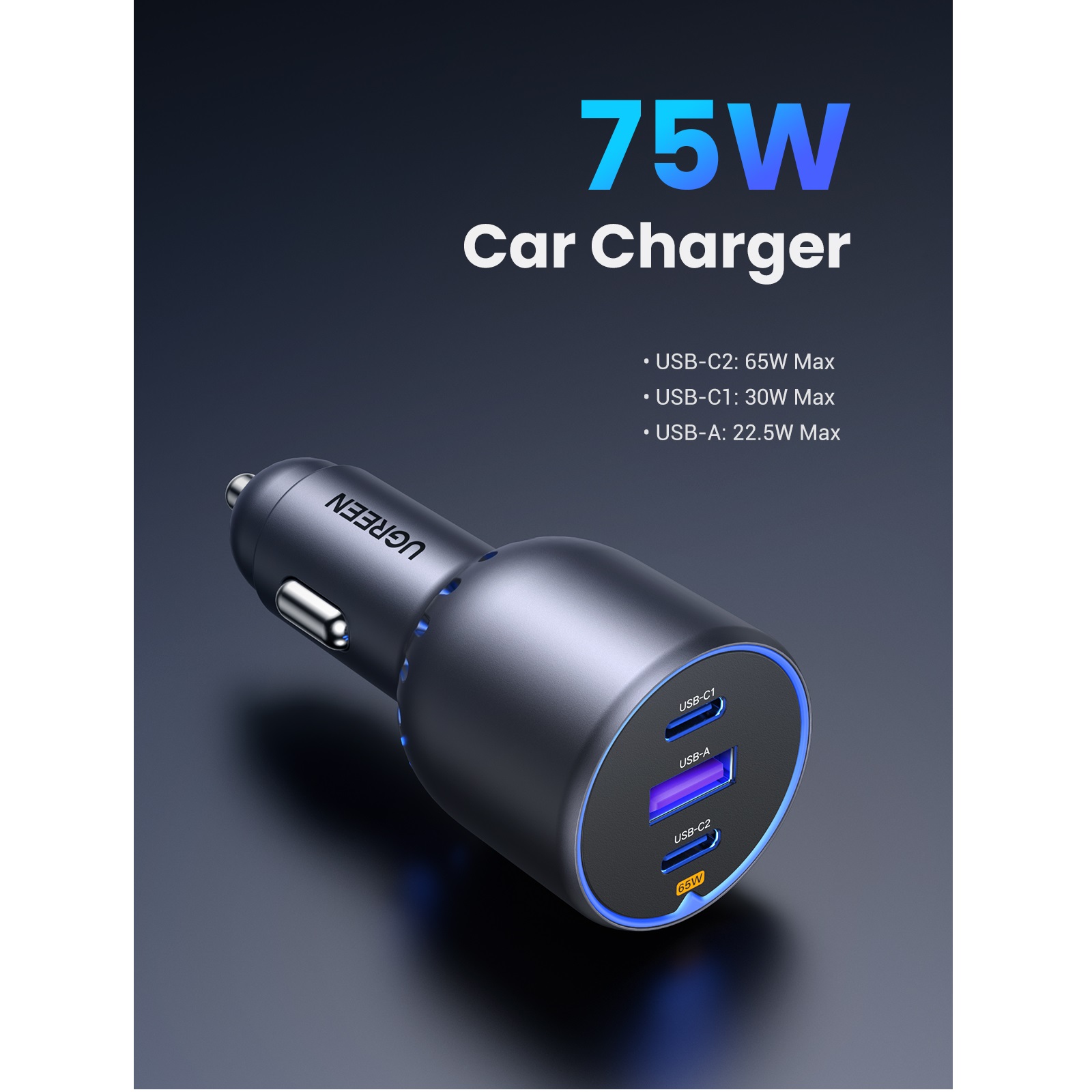 UGREEN 12V 75W, USB-A + 2xUSB-C, графит - EC703 / 35024