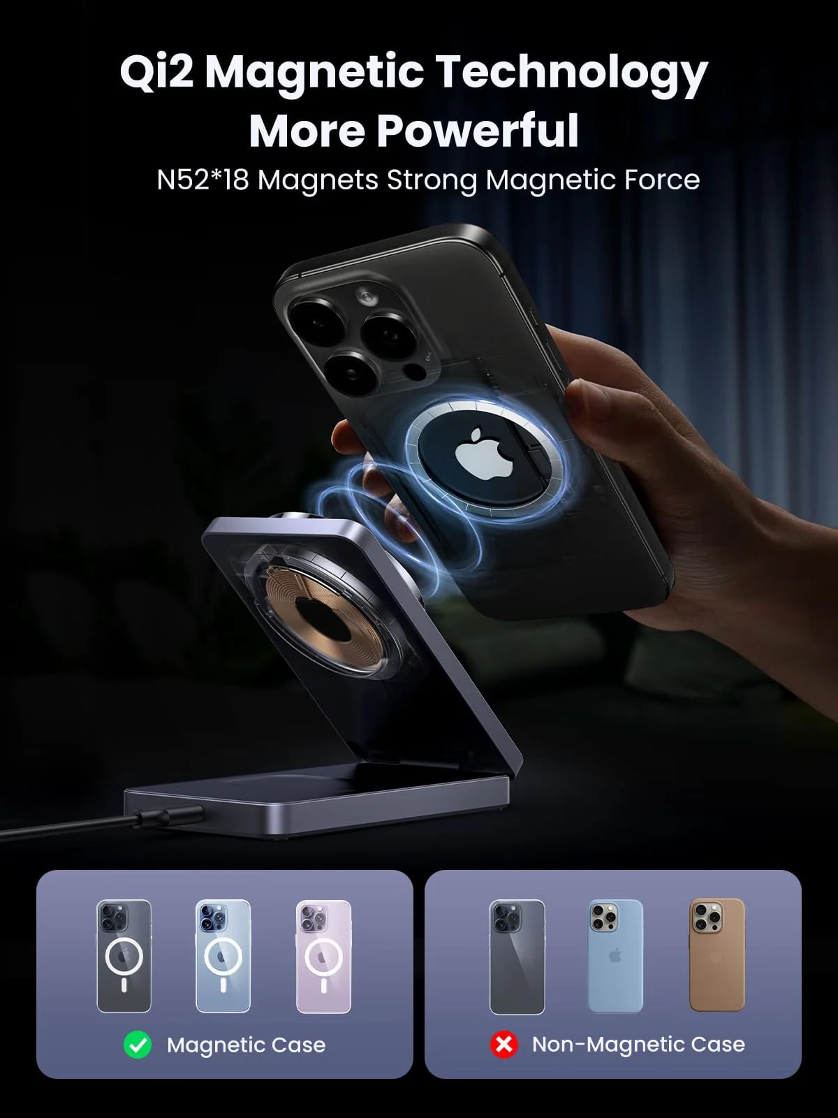 UGREEN Холдер + 2-в-1 Зарядна станция Wireless Magnetic /сив/ - W706 / 45023