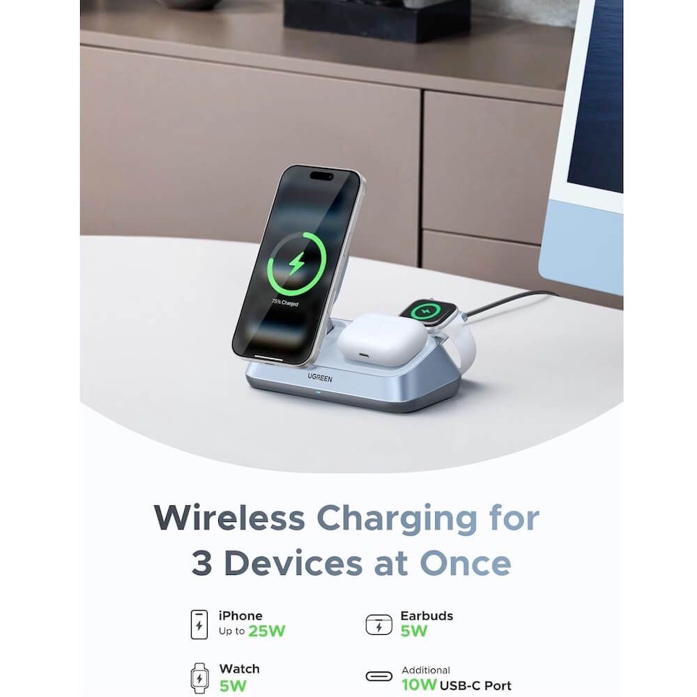 UGREEN Холдер + 3-в-1 Зарядна станция Wireless Magnetic Qi2 /сив/ - W711 / 55677