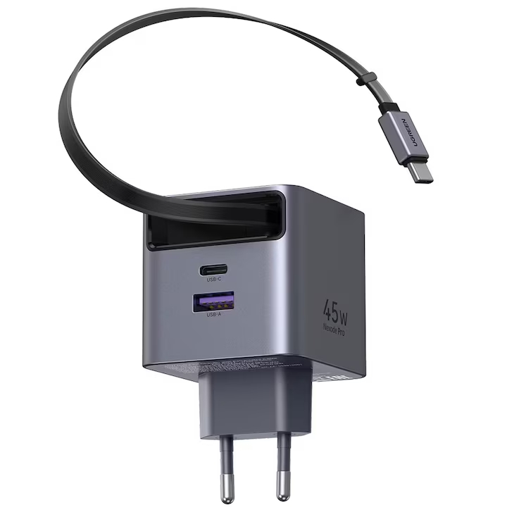 UGREEN 220V 45W, USB-A + USB-C + кабел C, GaN /графит/ - X614 / 65822 - Image 2