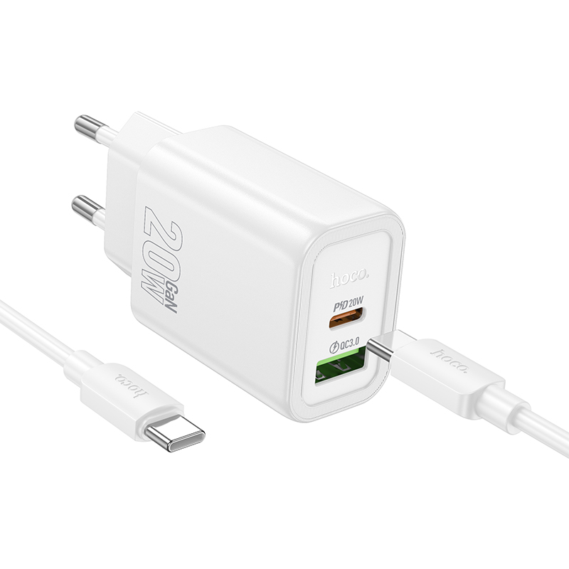 HOCO 220V 20W, GaN, USB-A + USB-C + кабел Type-C - Type-C, Gentle /бял/ - N61 - Image 4