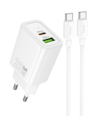 HOCO 220V 20W, GaN, USB-A + USB-C + кабел Type-C - Type-C, Gentle /бял/ - N61