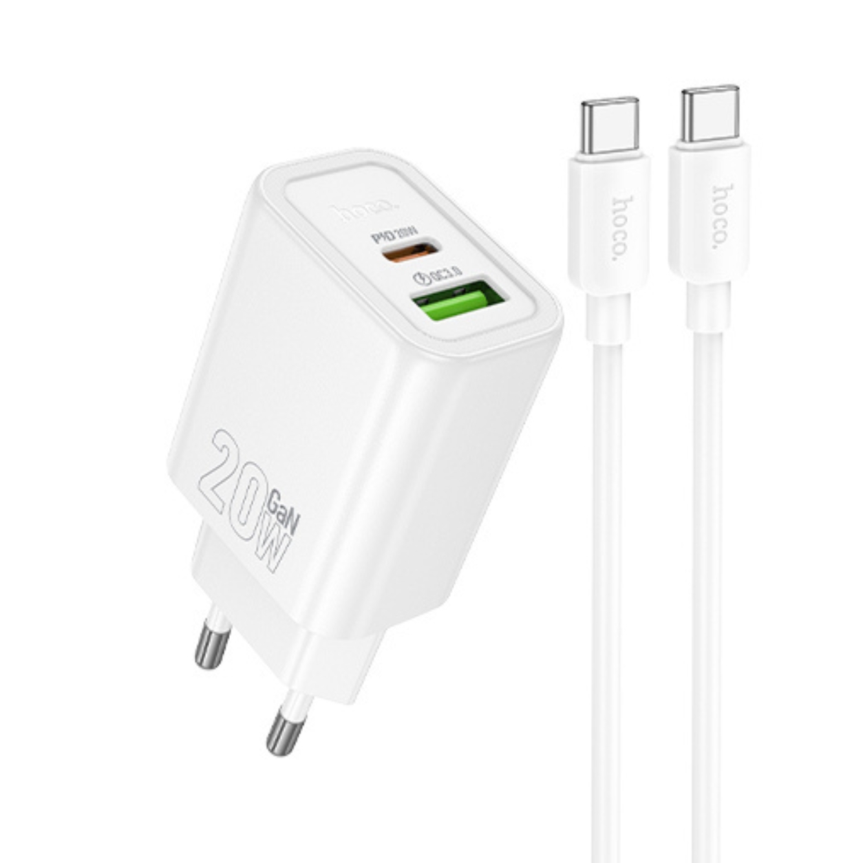 HOCO 220V 20W, GaN, USB-A + USB-C + кабел Type-C - Type-C, Gentle /бял/ - N61