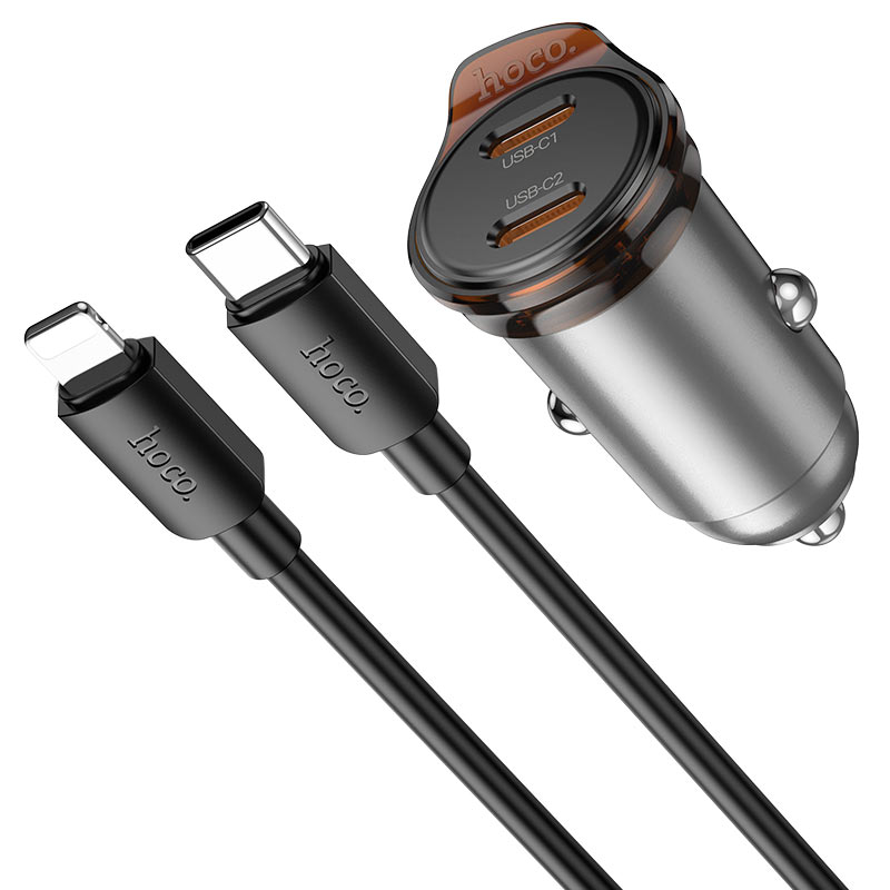 HOCO 12V 45W, 2 x USB-C + кабел Type-C - Lightning, Rigorous /сив/ - NZ16B