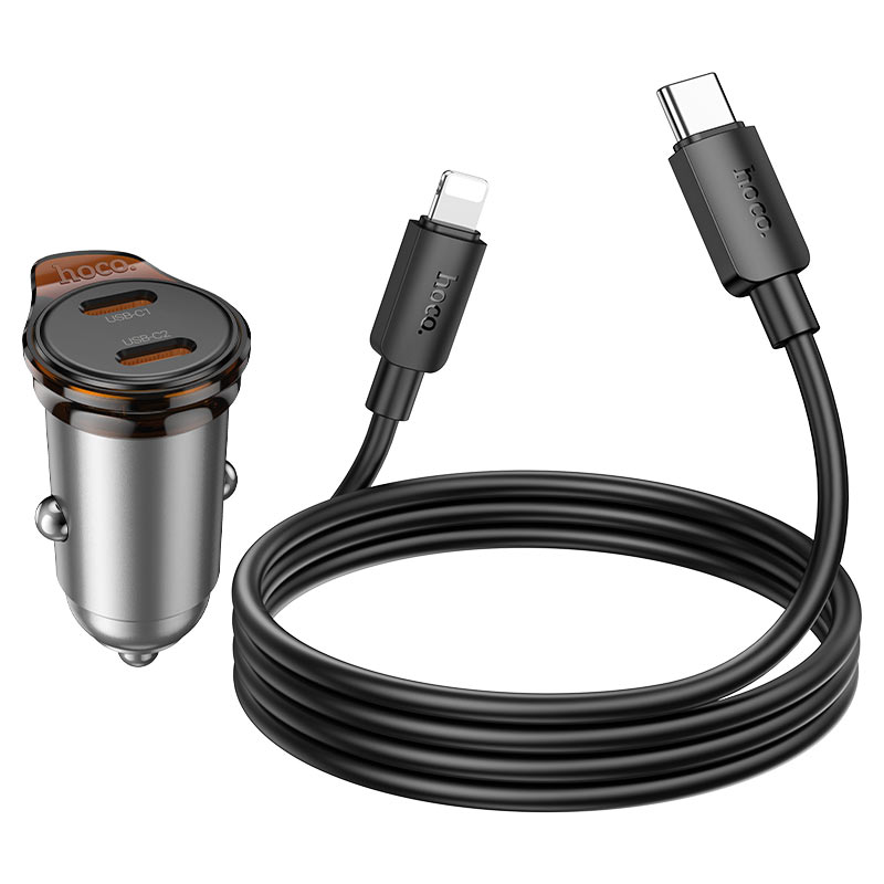 HOCO 12V 45W, 2 x USB-C + кабел Type-C - Lightning, Rigorous /сив/ - NZ16B