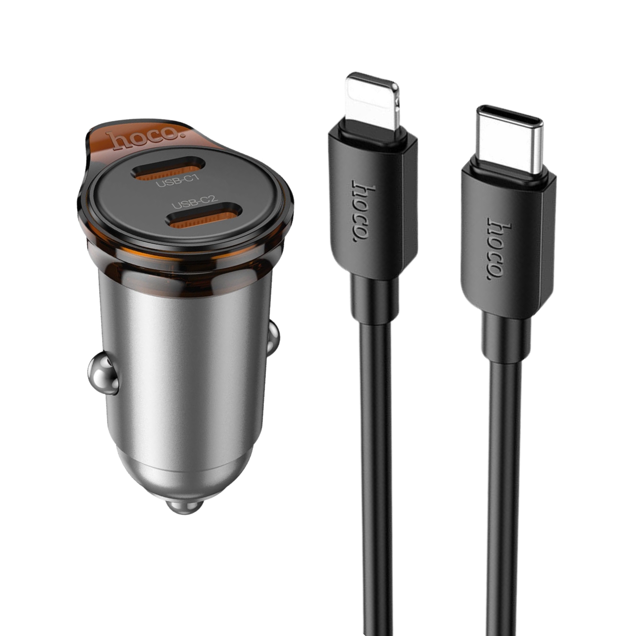 HOCO 12V 45W, 2 x USB-C + кабел Type-C - Lightning, Rigorous /сив/ - NZ16B