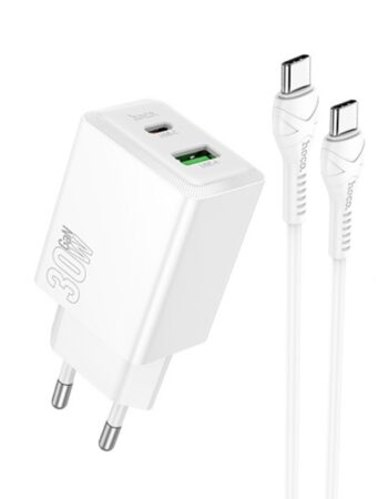 HOCO 220V 30W, GaN, USB-A + USB-C + кабел Type-C - Type-C, Nuevo /бял/ - N71