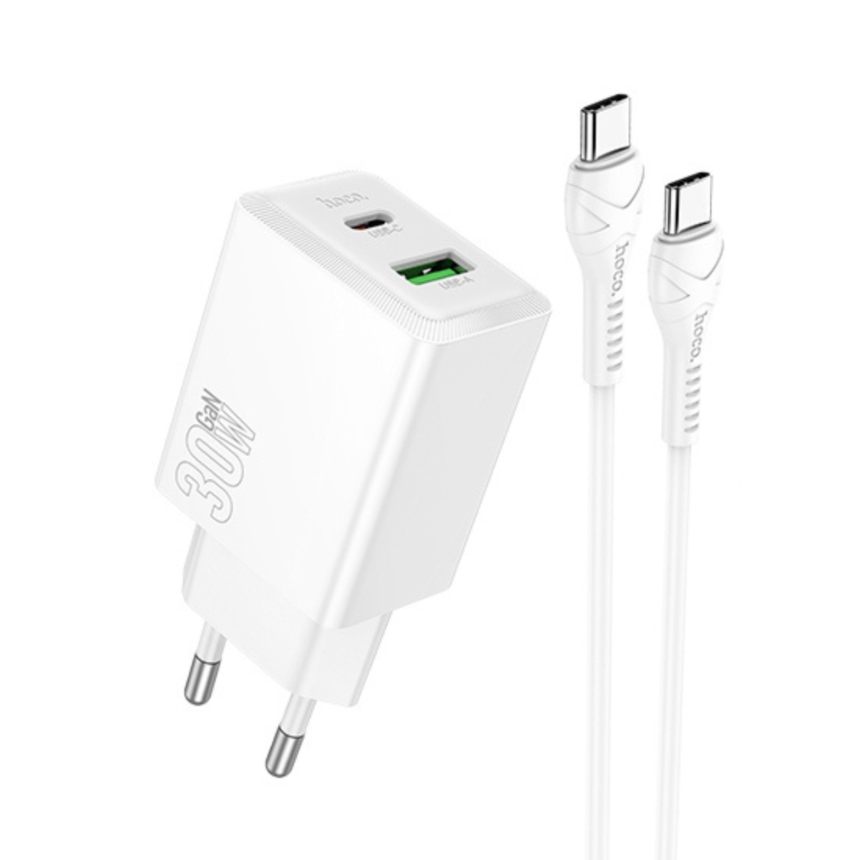 HOCO 220V 30W, GaN, USB-A + USB-C + кабел Type-C - Type-C, Nuevo /бял/ - N71
