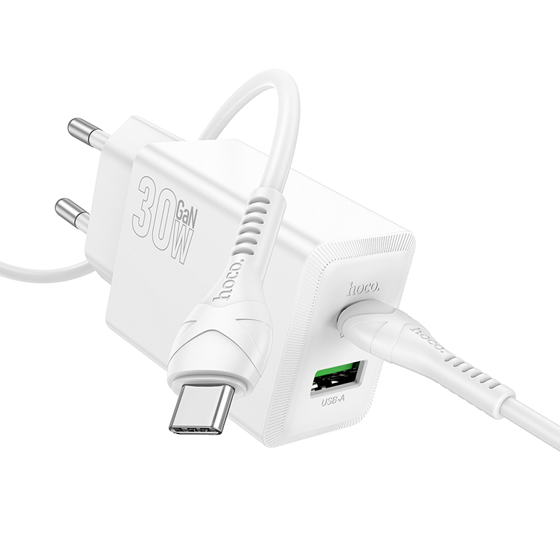 HOCO 220V 30W, GaN, USB-A + USB-C + кабел Type-C - Type-C, Nuevo /бял/ - N71
