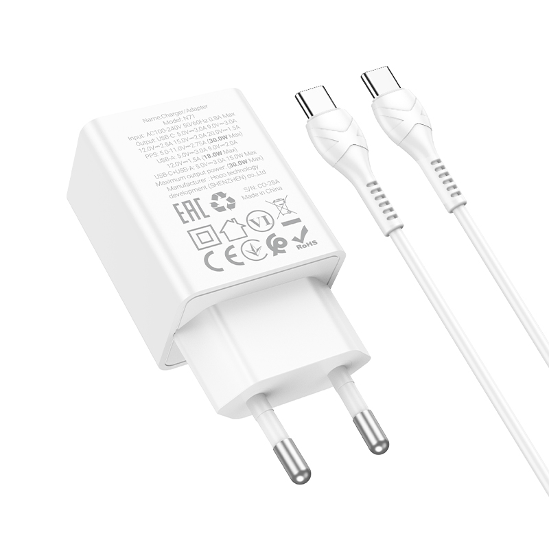 HOCO 220V 30W, GaN, USB-A + USB-C + кабел Type-C - Type-C, Nuevo /бял/ - N71