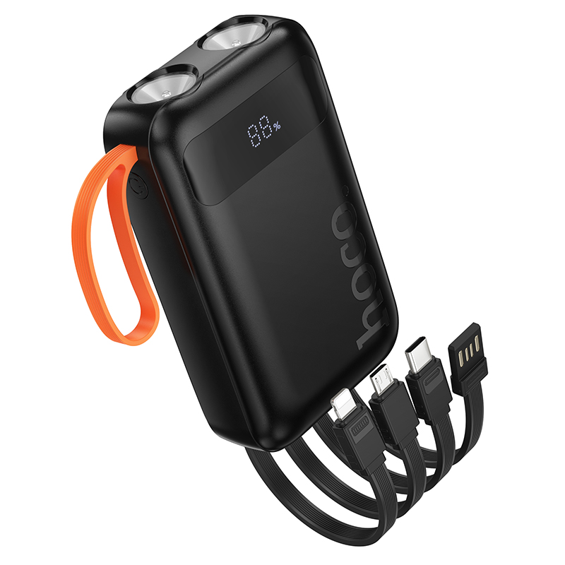 HOCO Power Bank 10000 mAh + 4 Вградени кабела: L+C+M+USB-А, Spirit /черен/ - J151