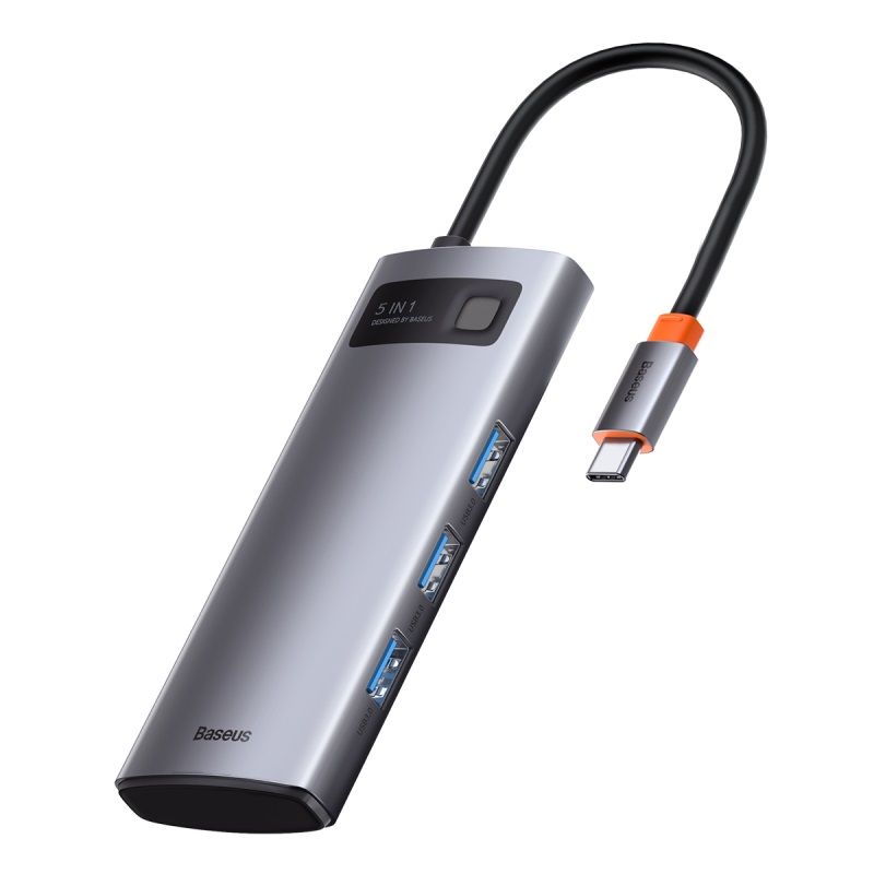 BASEUS Хъб 5-в-1 от Type-C към 3xUSB3.0, USB-C (PD) 100W, HDMI, Metal Gleam /сив/ - CAHUB-CX0G