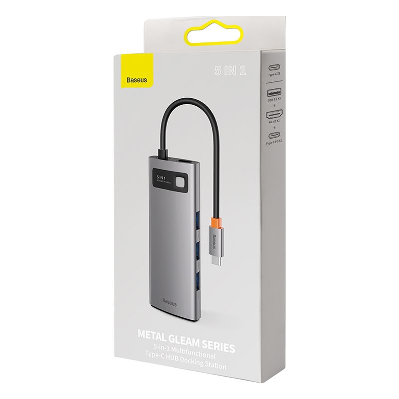 BASEUS Хъб 5-в-1 от Type-C към 3xUSB3.0, USB-C (PD) 100W, HDMI, Metal Gleam /сив/ - CAHUB-CX0G