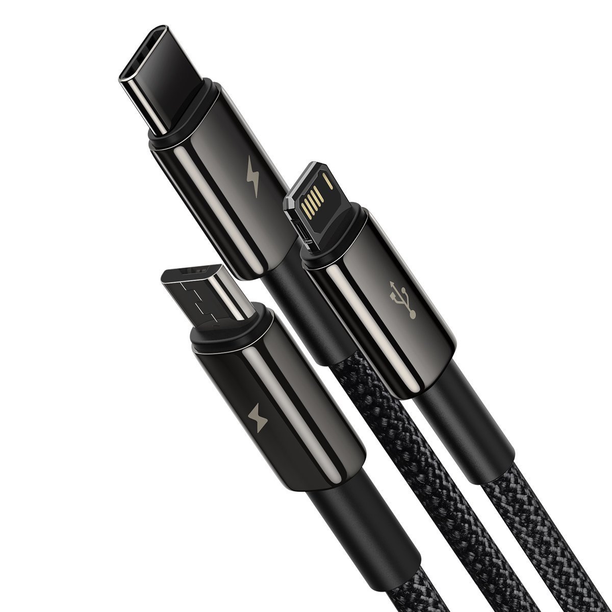 BASEUS Кабел 3 в 1, USB-A към Lightning+xUSB-C+Micro USB, 1.5м, 3.5A, Tungsten Gold, CAMLTWJ-01 /черен/
