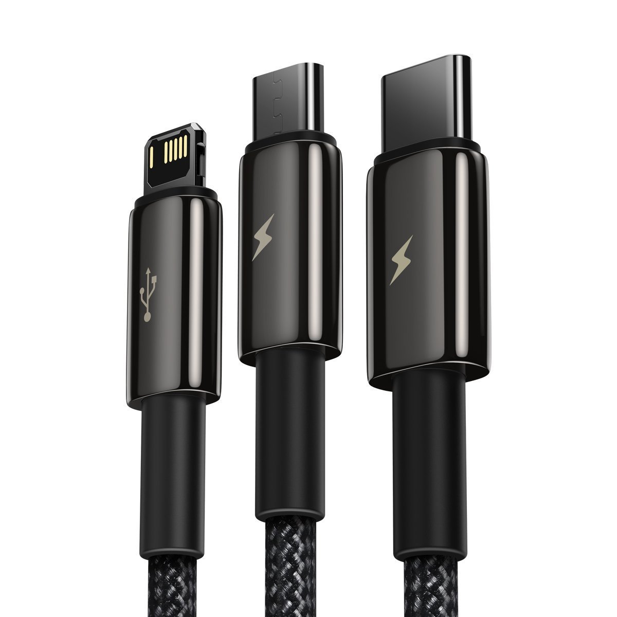 BASEUS Кабел 3 в 1, USB-A към Lightning+xUSB-C+Micro USB, 1.5м, 3.5A, Tungsten Gold, CAMLTWJ-01 /черен/