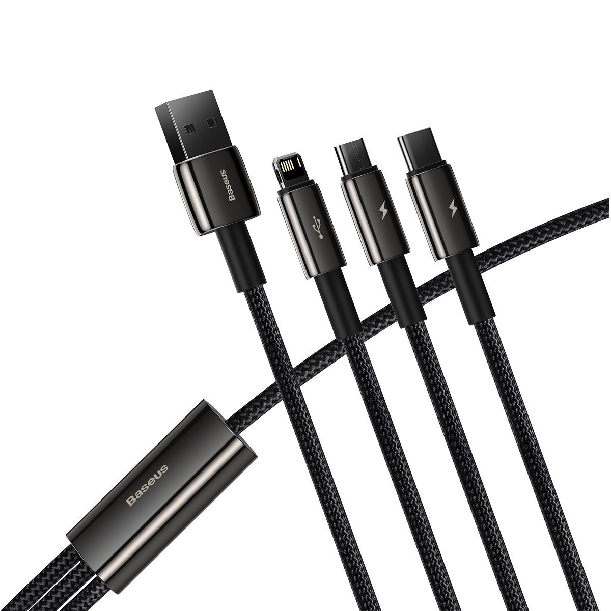 BASEUS Кабел 3 в 1, USB-A към Lightning+xUSB-C+Micro USB, 1.5м, 3.5A, Tungsten Gold, CAMLTWJ-01 /черен/
