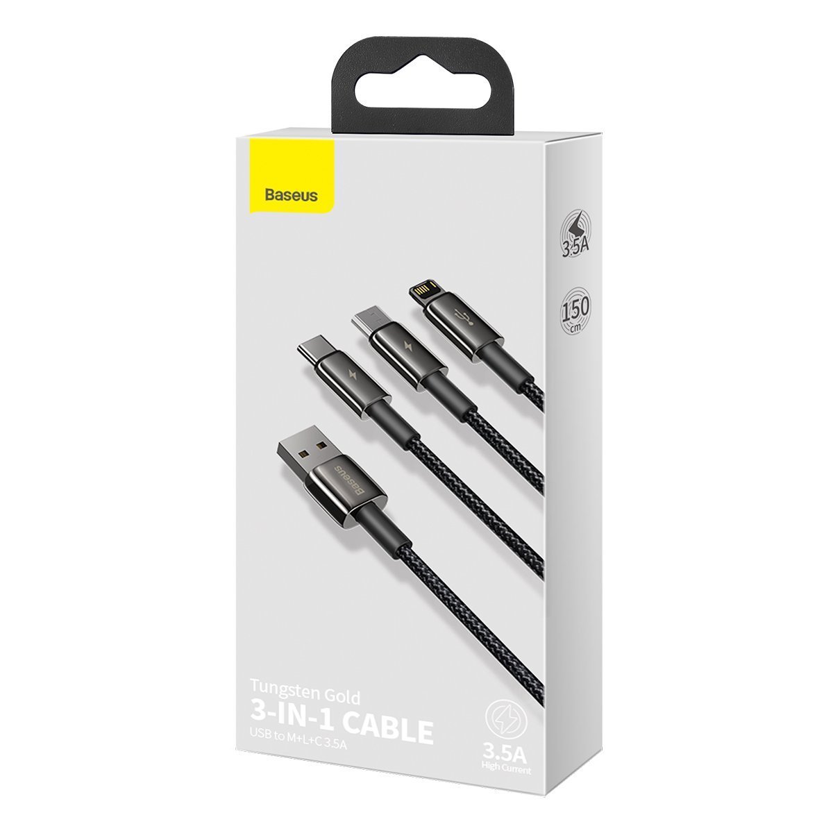 BASEUS Кабел 3 в 1, USB-A към Lightning+xUSB-C+Micro USB, 1.5м, 3.5A, Tungsten Gold, CAMLTWJ-01 /черен/