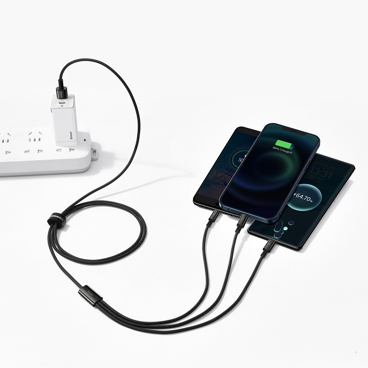 BASEUS Кабел 3 в 1, USB-A към Lightning+xUSB-C+Micro USB, 1.5м, 3.5A, Tungsten Gold, CAMLTWJ-01 /черен/