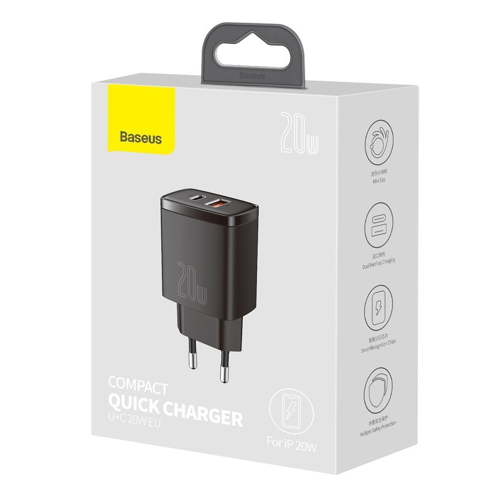 BASEUS 220V 20W, USB-A + USB-C, Compact, черен - CCXJ-B01 - Image 2
