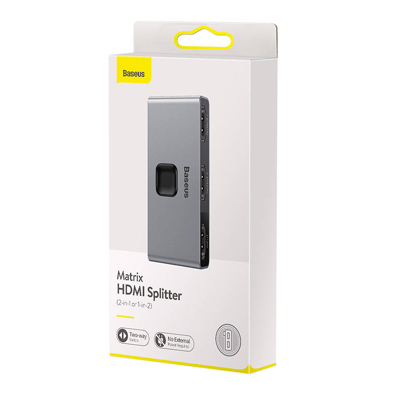 BASEUS HDMI сплитер/двупосочен превключвател /2в1 или 1в2/, 4K, 30Hz, CAHUB-BC0G /сив/