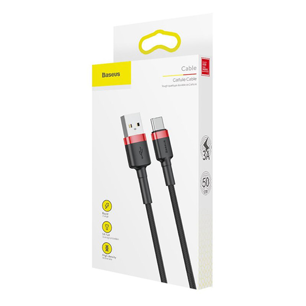 BASEUS Кабел USB-A - Type-C, 3м, 2A, CAFULE, CATKLF-U91 /черен + червено/ - Image 2