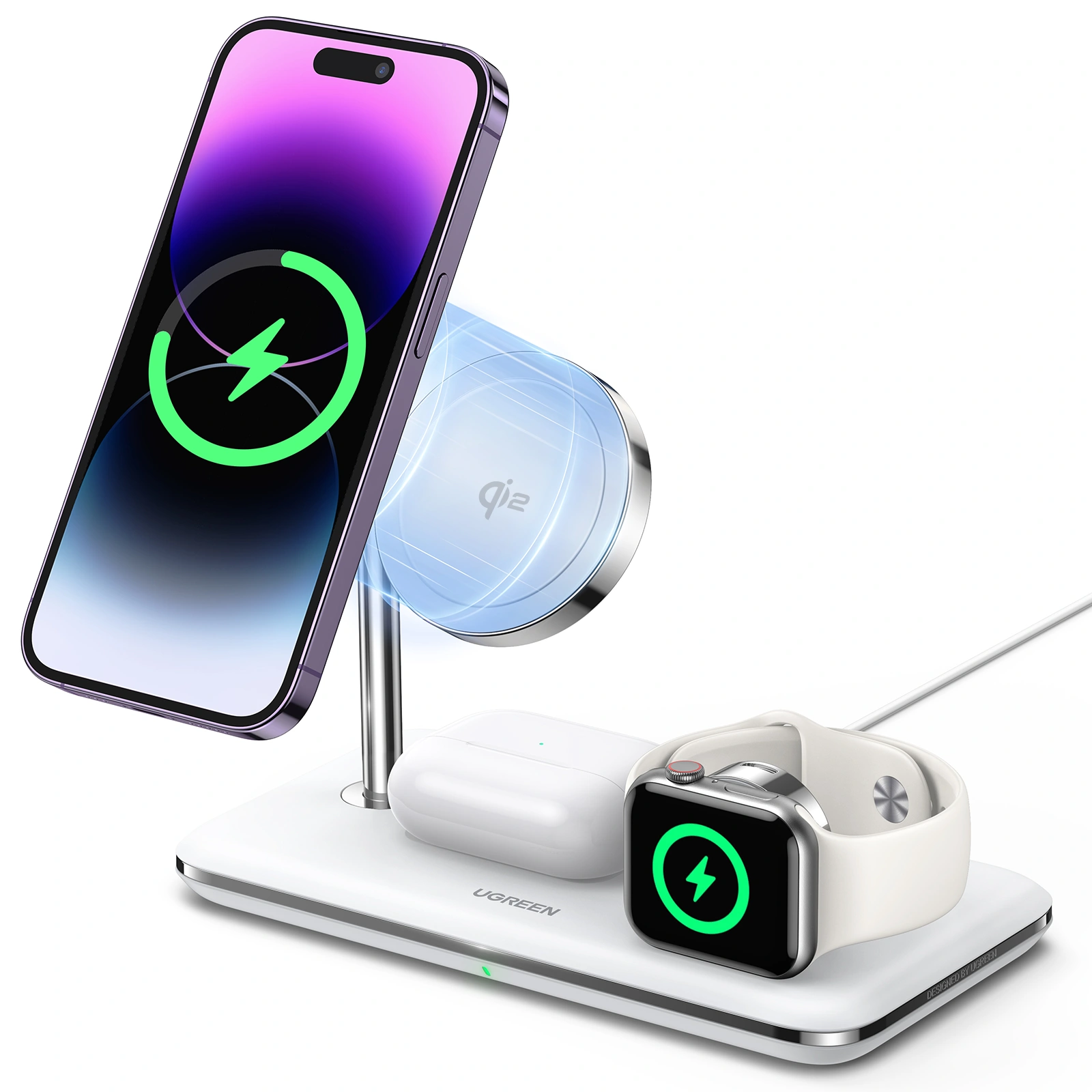 UGREEN Холдер + 3-в-1 Зарядна станция Wireless Magnetic Qi2 /бял/ - CD278 / 90326