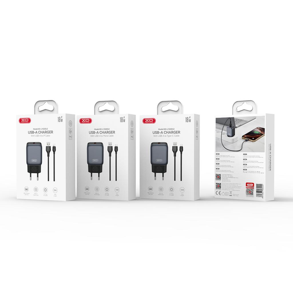 XO 220V 18W, USB-A + кабел A-C, L152 /черен/