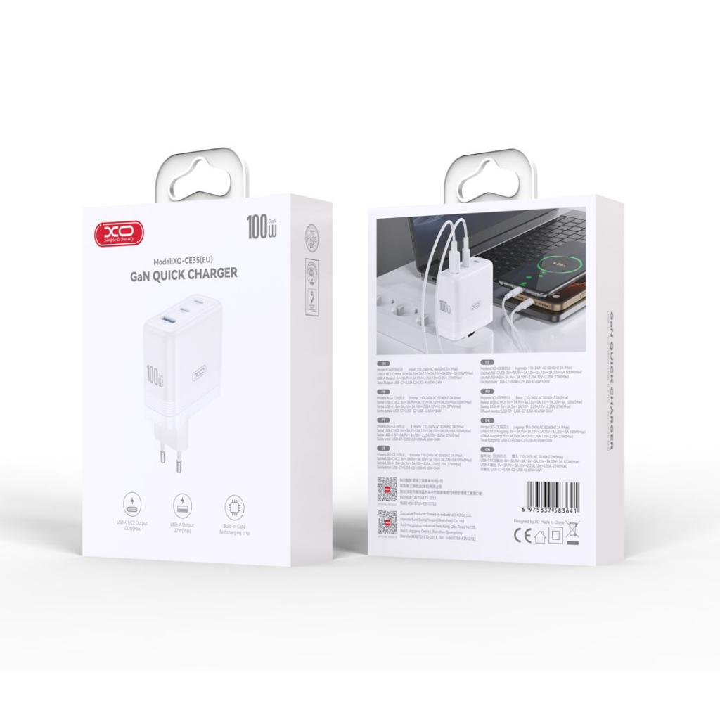 XO 220V 100W, USB-A + 2xUSB-C, GaN, EU сертифицирано /бял/ - CE35