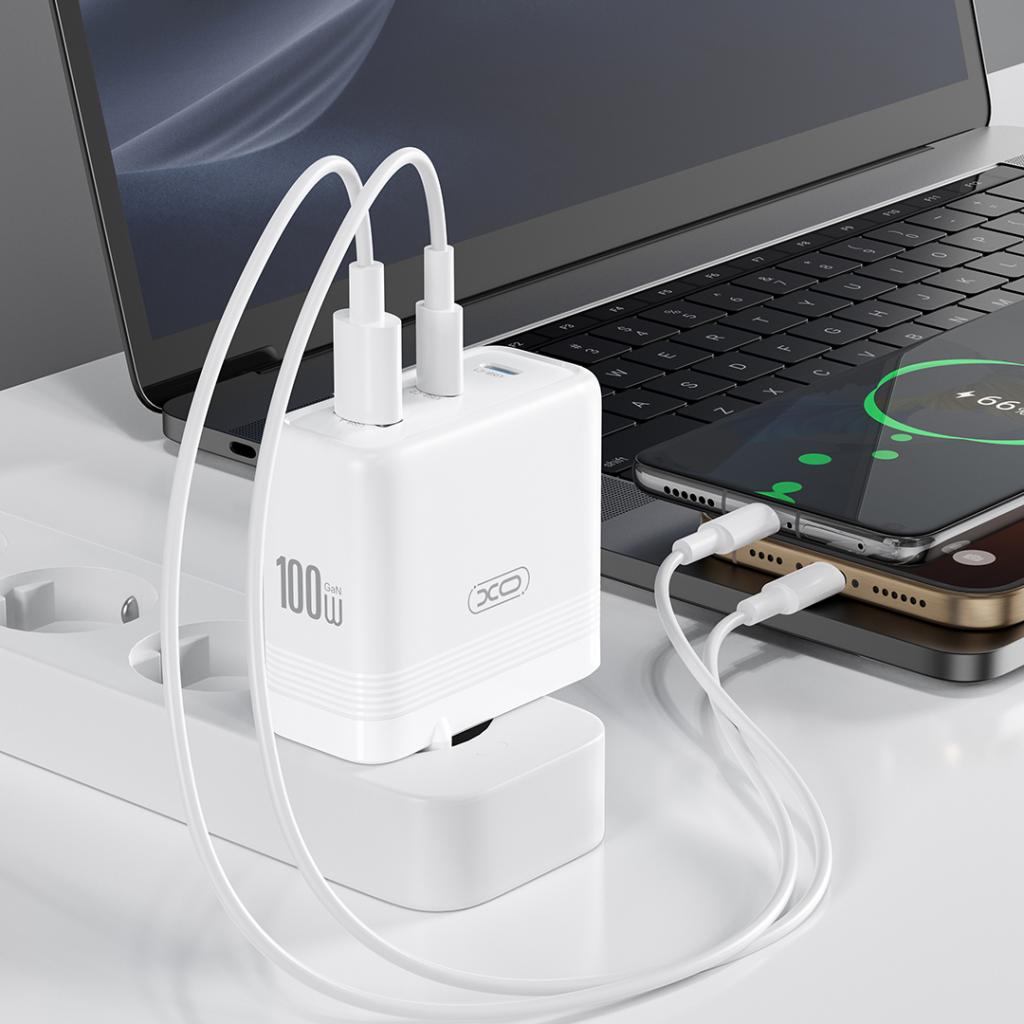 XO 220V 100W, USB-A + 2xUSB-C, GaN, EU сертифицирано /бял/ - CE35