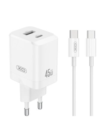 XO 220V 45W, USB-A + USB-C, кабел Type-C - Type-C, GaN, EU сертифицирано /бял/ - CE36