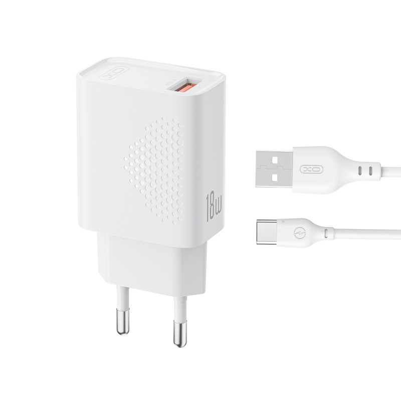 XO 220V 18W, USB-A + кабел USB-A - Type-C, L159 /бял/
