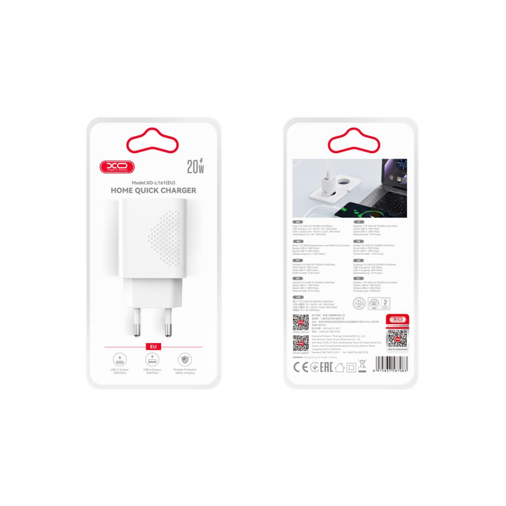 XO 220V 20W, USB-A + USB-C /бял/ - L161