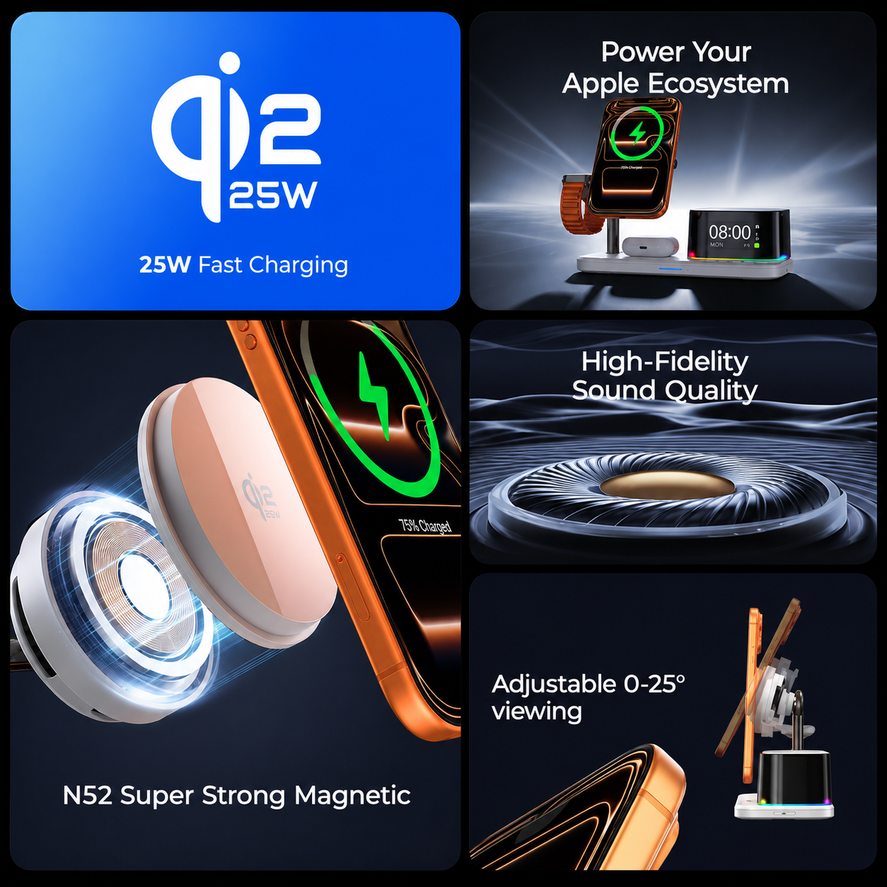 XO Холдер 25W, 3 в 1 Chargng station Magnetic +Speaker +Light +Clock /черен/ - CX045