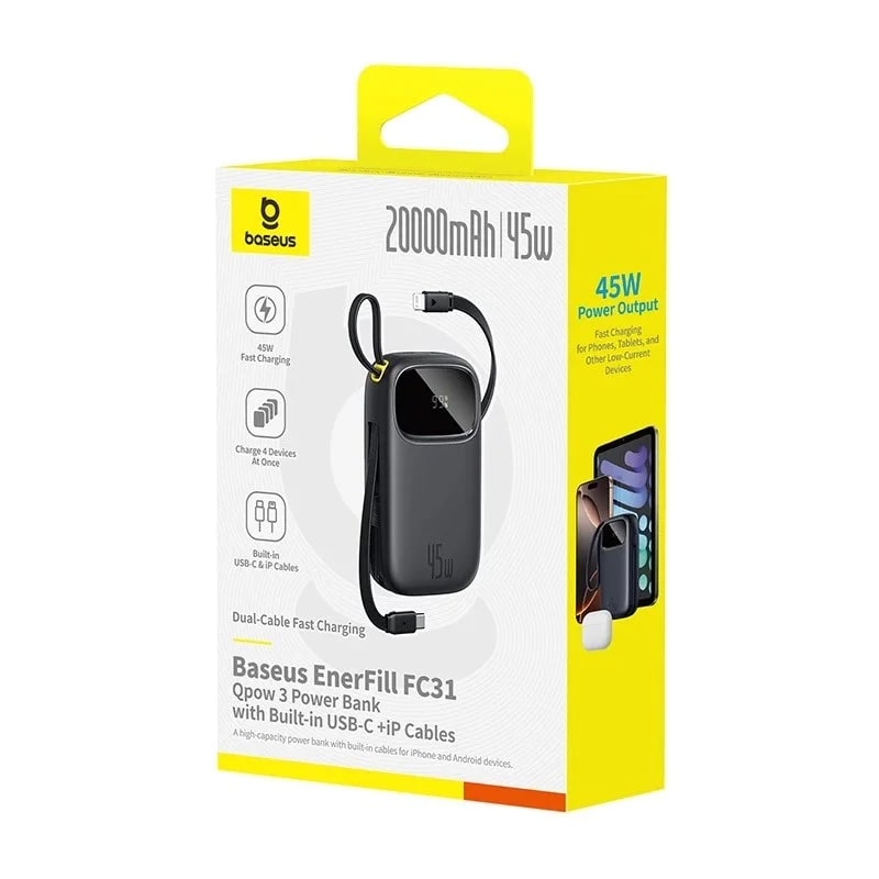 BASEUS Power Bank 20000 mAh, 45W + вградени кабели C + L, EnerFill FC31 Qpow 3 /черен/ - E0028D00