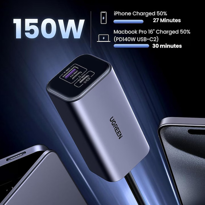 UGREEN 12V 150W, 2xUSB-A + 2xUSB-C /графит/ - EC706 / 35571