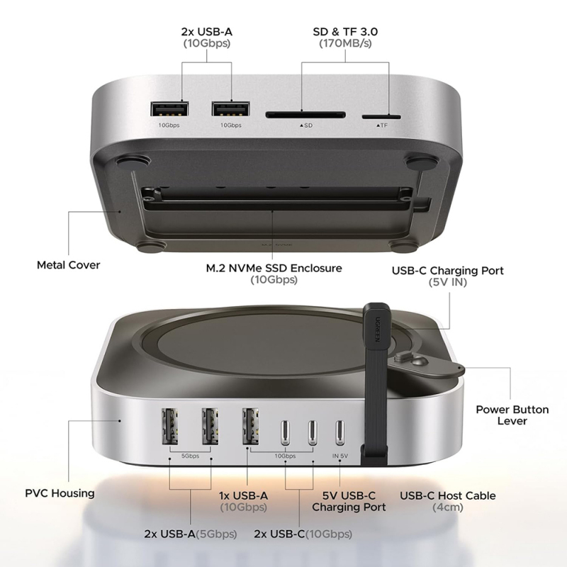 UGREEN Холдер + 11-в-1 Докинг станция, Charging station for AppleMac, за бюро (Type-C) /сив/ - CM841A / 95094
