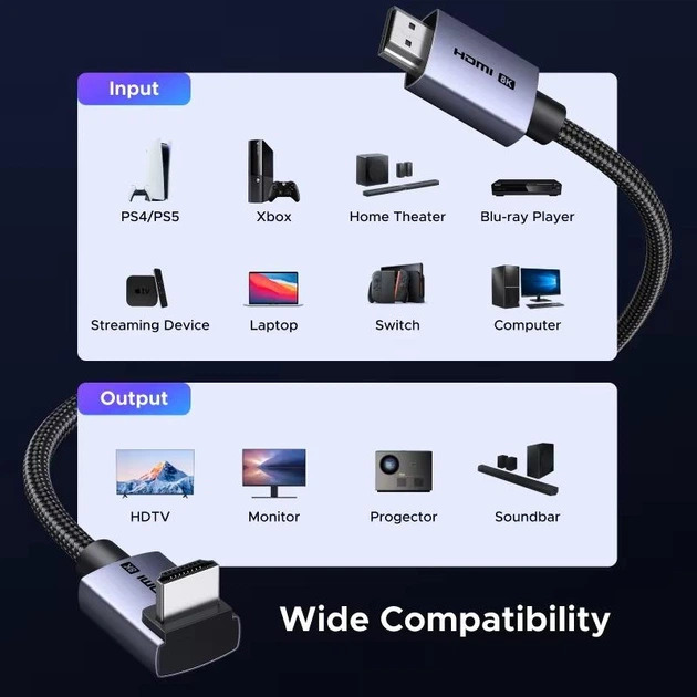 UGREEN Кабел HDMI - HDMI, 1m. 8K Angled /сив/ - HD188 / 95826