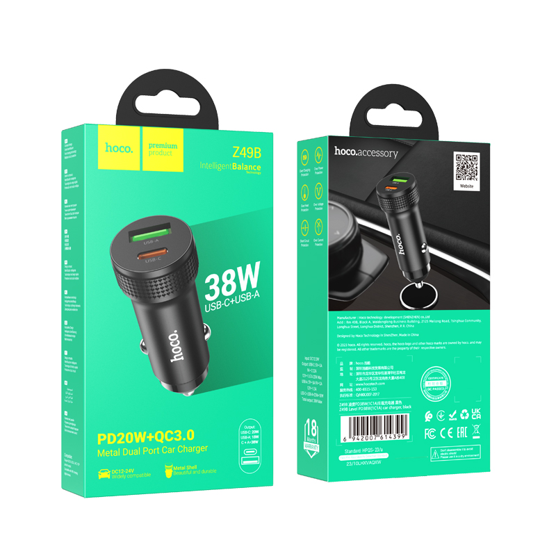 HOCO 12V 38W, USB-A + USB-C, Glorious /черен/ - Z49B