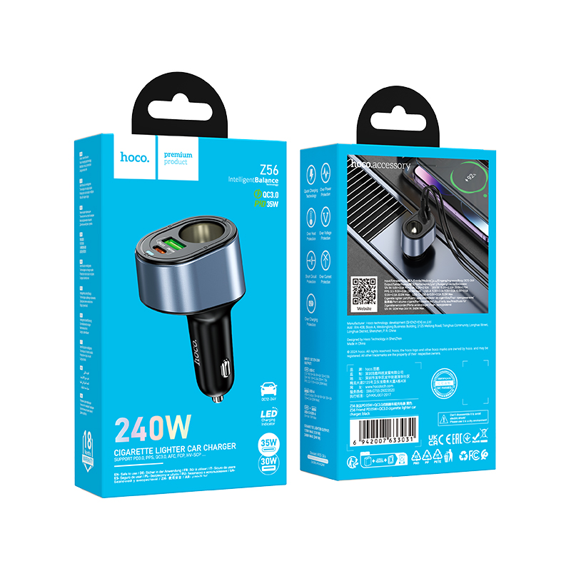 HOCO 12V 35W, USB-A + USB-C + 12V Socket, Blue whale /сив/ - Z56
