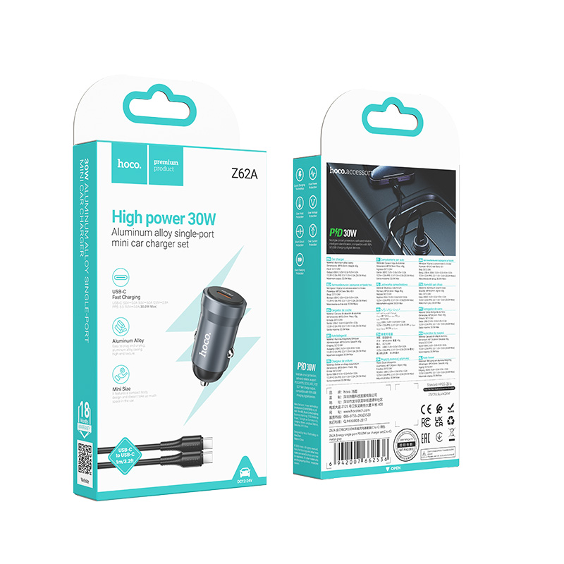 HOCO 12V 30W, USB-C + кабел Type-C -Type-C, Energy /сив/ - Z62А