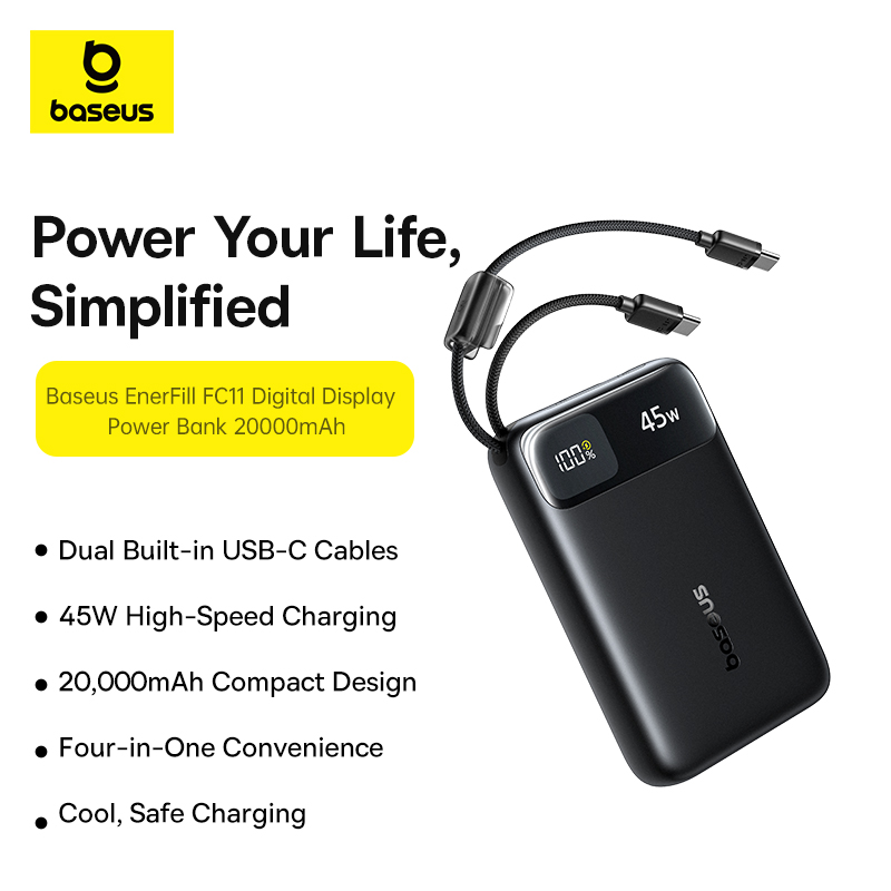 BASEUS Power Bank 20000 mAh, 45W + 2xC вградени кабели, EnerFill FC11 /черен/ - E0031100