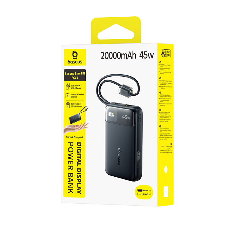 BASEUS Power Bank 20000 mAh, 45W + 2xC вградени кабели, EnerFill FC11 /черен/ - E0031100