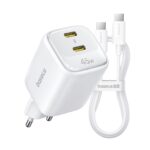 BASEUS 220V 45W, GaN6, 2 x USB-C + кабел Type-C- Type-C, EnerFill FE22 /бял/ - E0125703