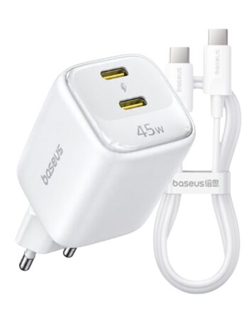 BASEUS 220V 45W, GaN6, 2 x USB-C + кабел Type-C- Type-C, EnerFill FE22 /бял/ - E0125703