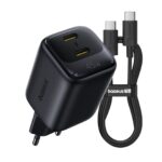 BASEUS 220V 45W, GaN6, 2 x USB-C + кабел Type-C- Type-C, EnerFill FE22 /черен/ - E0125702