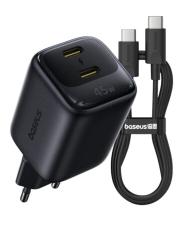 BASEUS 220V 45W, GaN6, 2 x USB-C + кабел Type-C- Type-C, EnerFill FE22 /черен/ - E0125702