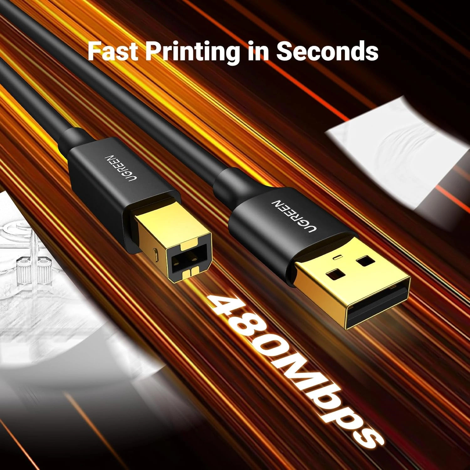 UGREEN Кабел USB-A - USB-B (м-м) Printer cable, 3м, 480Mbps /черен/ - US135 / 10351